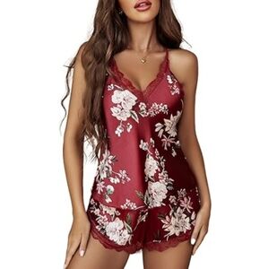 Nightwear Satin Pajamas Set Sleepwear Womens Sexy Lingerie Floral Wine Red